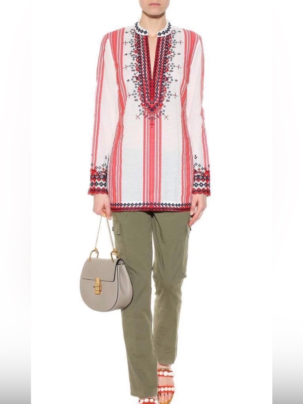 EUC Tory Burch Embroidered Tunic Blouse Red White and blue Boho Size 12